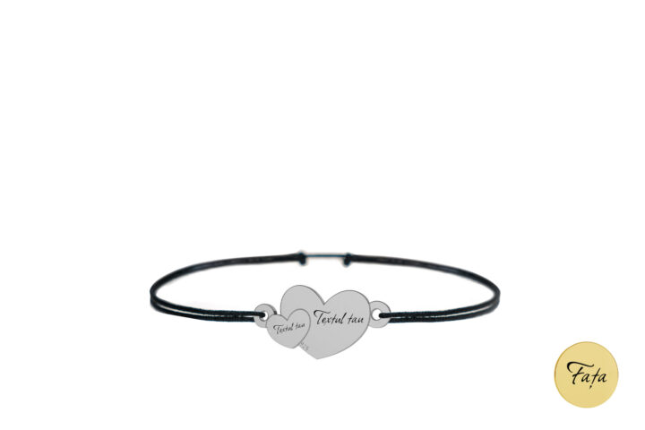 Brățară Pardo cu șnur și charm inimă dublă din Argint 925, lățime 17 mm, personalizat cu Gravura Laser